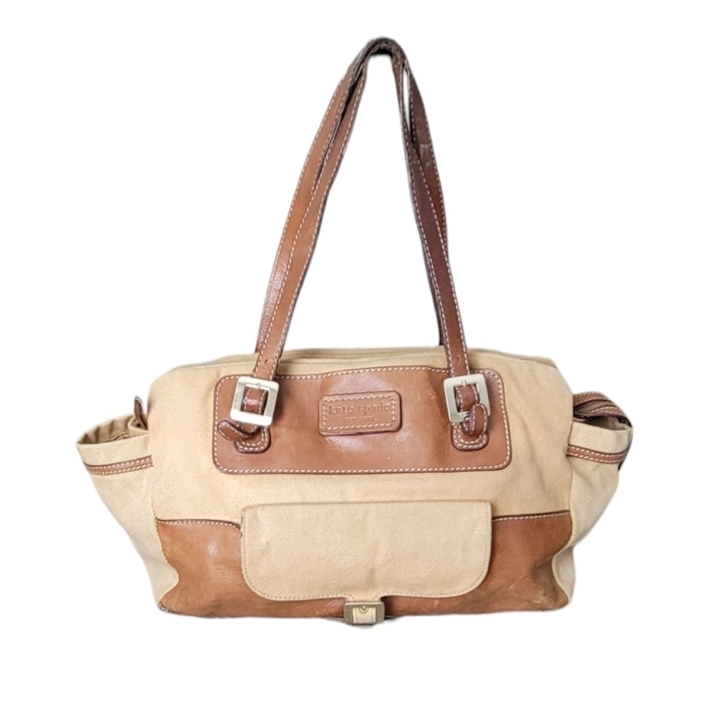 KATE SPADE Tan Canvas/Brown Pebble Leather Tote